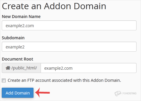 cPanel, create an Addon Domain