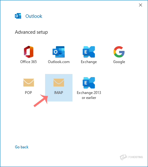 Outlook Advance setup, choose IMAP