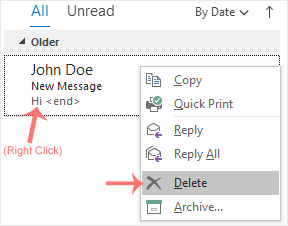 Outlook 2019, delete email message